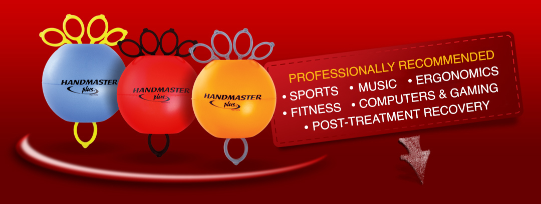 Handmaster Plus hand exercise balls in blue, red, and orange with finger resistance bands, professionally recommended for sports, music, ergonomics, fitness, computers, gaming, and post-treatment recovery