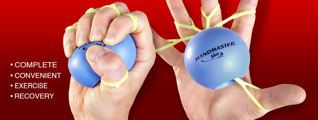Hands using the Handmaster Plus blue hand exerciser with elastic finger resistance, promoting complete and convenient hand exercise and recovery